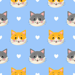 Seamless pattern with cute cartoon cats and hearts isolated on blue background