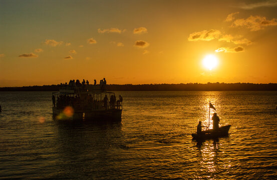Boats at sunset at Jacare beach, Cabedelo, near Joao Pessoa, Paraiba, Brazil on April 3, 2004.
