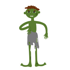 A cute young zombie of green color in ragged gray clothes. Halloween illustration in cartoon childish style for your holiday design.