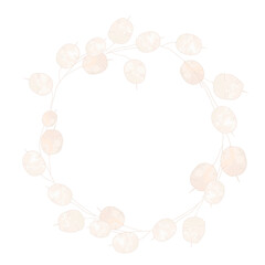 Obraz premium Lunaria vector stock illustration. A fragile beige flower. Boho. Dry botany. Round frame made of flowers. A gentle invitation card for a wedding. Isolated on a white background. 