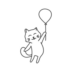 Cat Hold Balloon Fly Illustration Outline Vector Template