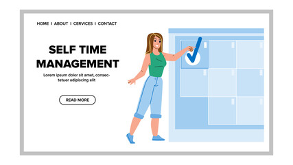 Woman Self Time Management Organization Vector. Businesswoman Self Time Management Occupation For Planning Productivity. Character Planning Time And Week Web Flat Cartoon Illustration