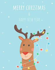 Congratulation with merry christmas and happy new year. Illustration of deer with garland