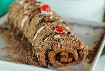 Chocolate Roll Cake. Brazilian dessert.