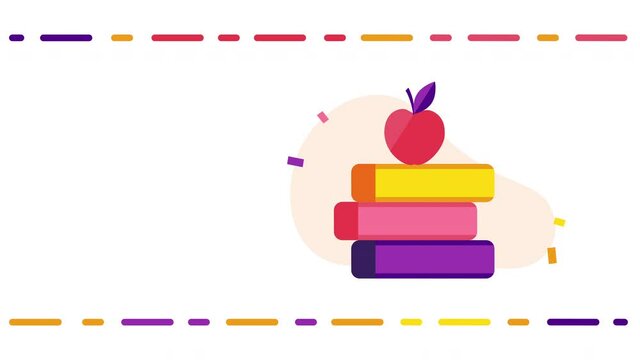 4k video of cartoon books stack and apple on white background.