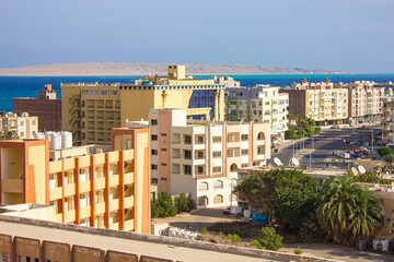Top view of the roofs of houses and mosques in Hurghada