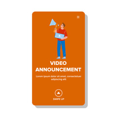 Video Announcement Presenting Manager Boy Vector. Blogger Or Marketer Advertising With Loudspeaker Video Announcement In Social Media. Character Professional Occupation Web Flat Cartoon Illustration