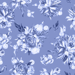 Obraz premium Watercolor blue floral seamless pattern for fabric. Watercolor peonies pattern repeat floral background for apparel, nursery, wallpaper, wrapping paper, home decor