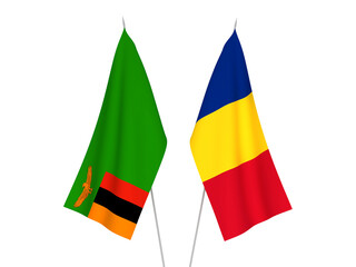 National fabric flags of Romania and Republic of Zambia isolated on white background. 3d rendering illustration.