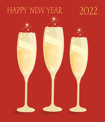 Happy New Year. 2022. Elegant golden shapan on a red background. Glasses of champagne. Holiday. Family celebration. Sparkling drink.