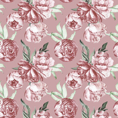 Watercolor dusty pink floral seamless pattern for fabric. Watercolor peonies pattern on pink background repeat floral background for apparel, nursery, wallpaper, wrapping paper, home decor