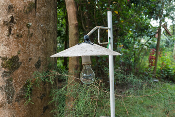 Old vintage lantern in the park. Incandescent light bulb
