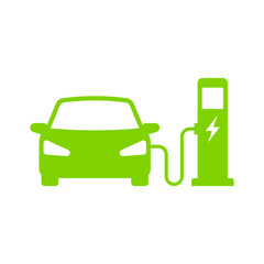 Electric car refueling icon symbol, EV car, Green hybrid vehicles charging point logotype, Eco friendly vehicle concept, Vector illustration