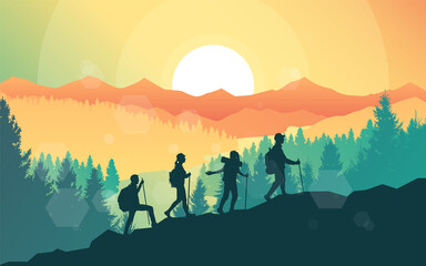 Travel concept of discovering, exploring, observing nature. Hiking tourism. Adventure. A team of friends climbs the mountains. Teamwork. Polygonal landscape illustration, Minimalist flat design