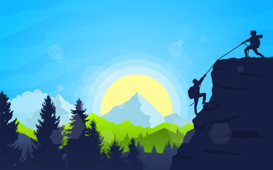 Travel concept of discovering, exploring, observing nature. Hiking tourism. Adventure. Helping hand Climbs the mountains. Teamwork. Polygonal landscape illustration. Minimalist flat design