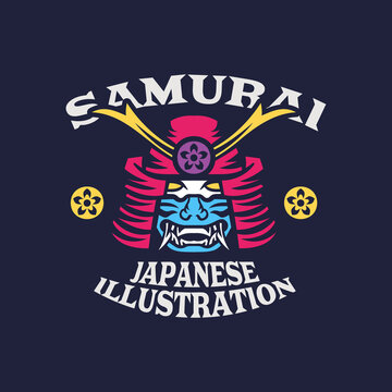 Illustration Logo of Japanese Samurai Kabuto Helmet