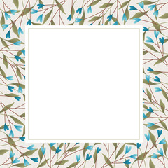 Fototapeta na wymiar Square background or frame design with blue heart branches, leaves, and white panel for text.