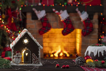 Christmas Eve Party Table. Fireplace and Christmas tree, treats, warmth, cozy family hearth