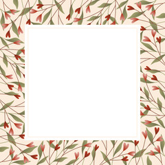 Fototapeta na wymiar Square background or frame design with pink and red heart branches, leaves, and white panel for text.