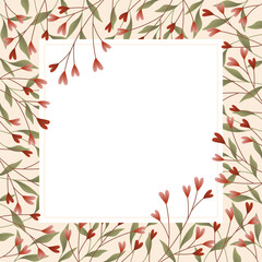 Fototapeta na wymiar Square background or frame design with pink and red heart branches, leaves, and white panel for text.