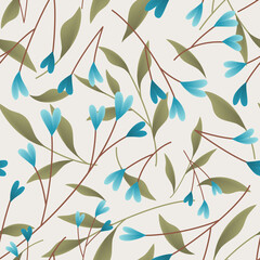 Seamless pattern with blue heart branches and leaves on pale gray background.