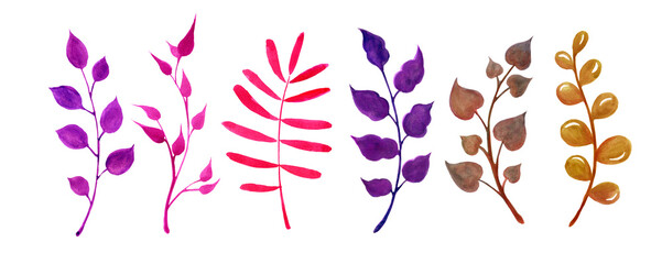 set of watercolor green branches and leaves, hand drawn design elements