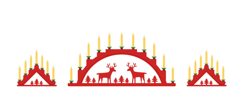 Set red candle arch christmas window decoration. Vector illustration