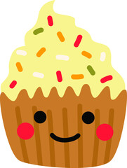 Sweet birthday cupcake with candy with happy cute face. 