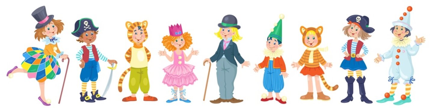 Set of happy children in carnival costumes. For a school party. Banner in cartoon style. Isolated on white background. Vector flat illustration.