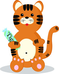 Vector illustration for children. Decoration for t-shirt, book, sticker. Cheerful tiger cub with candy