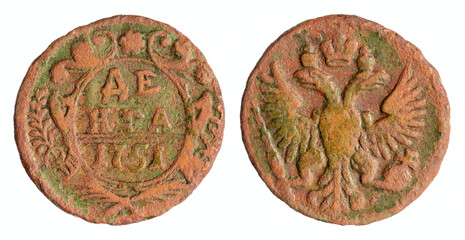 Copper coin of the Russian Empire. One denga (half kopek) 1751 - obrazy, fototapety, plakaty