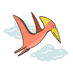 Cute sketch hand drawn color pteranodon illustration. Bright cartoon childish funny dinosaur for kids print design, textile decoration, greeting cards, dino stickers, logo © Tatahnka