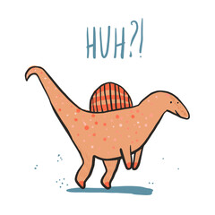 Cute sketch hand drawn orange color spinosaurus illustration. Bright cartoon childish funny dinosaur for kids print design, textile decoration, greeting cards, dino stickers, logo