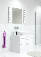 Waschbecken im Bad mit Unterschrank und Spiegel