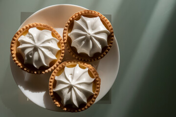 Lemon tartlets with meringue on a white plate.