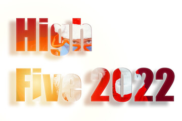 High Five 2022 text inscription on Santa Claus red dress hat star sunglasses with white beard on the white glowing background.