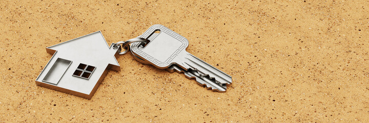 Haus mit Schlüssel liegt auf Sand als Hintergrund - obrazy, fototapety, plakaty