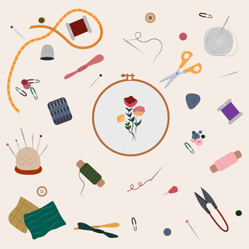 Needlework concept vector illustration. Set of embroidery elements, embroidery frame or hoop, thread, needles, buttons, yarn, snips, measuring tape, fabric swatches, pins, scissors and pin cushion. 