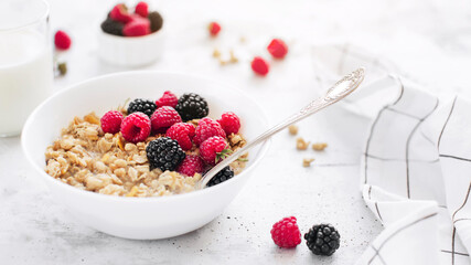 Breakfast bowl with granola, muesli, raspberry, blackberry on gray table