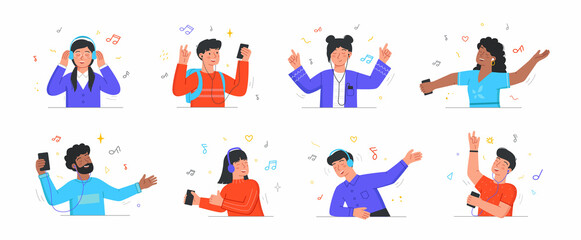 Set with male and female characters enjoing listening to music on white background. People listening to music on smartphone, dancing, singing, relaxing and having fun. Flat cartoon vector illustration
