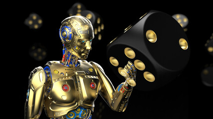 Detailed appearance of the gold AI robot with rolling black-gold dices under black background. Dangerous criminal concept image. 3D CG. 3D illustration. 3D high quality rendering.