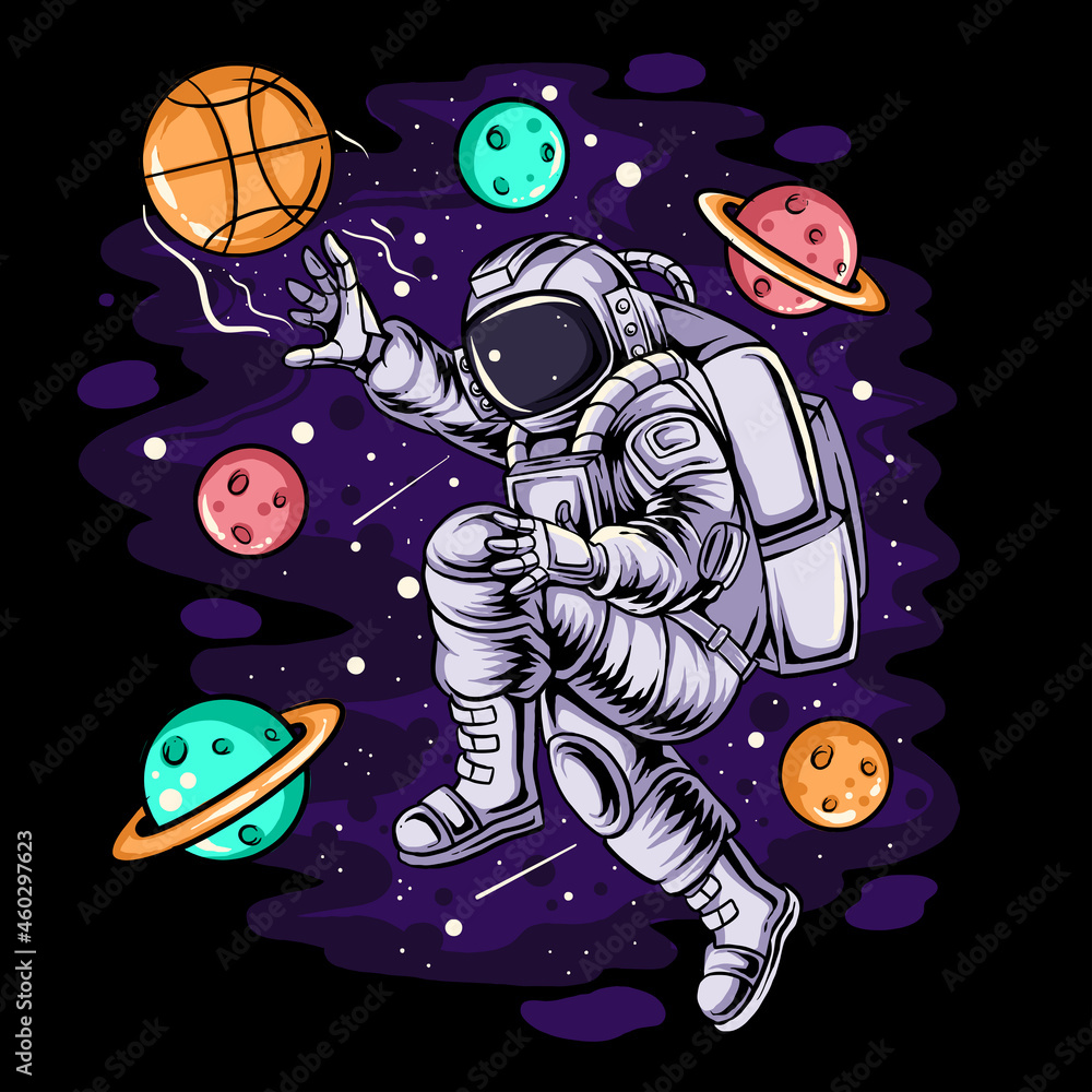 Wall mural astronauts play basketball in space by doing slam dunks between planets and stars