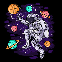 astronauts play basketball in space by doing slam dunks between planets and stars