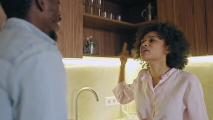 Unhappy couple fighting in kitchen, wife accusing husband, abusive relationship