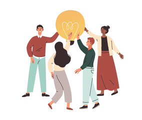 Cheerful male and female characters holding big lightbulb to catch ideas on white background. People looking for new creative ideas for work. Solutions and knowledge. Flat cartoon vector illustration