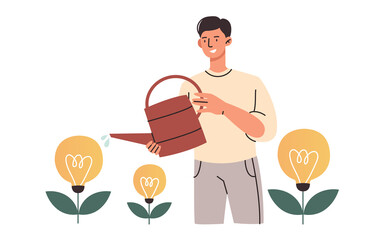 Cheerful male characters is watering lightbulb plants for new ideas on white background. Concept of creative people trying to find new fresh ideas at their job. Flat cartoon vector illustration