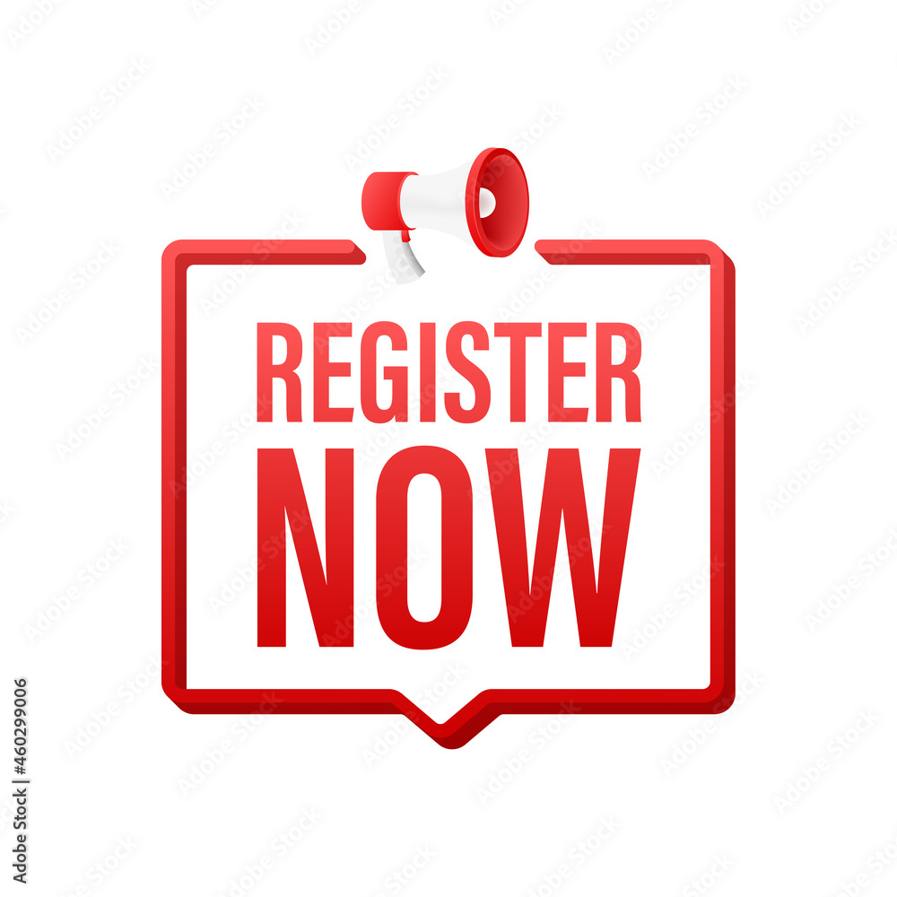 Aufkleber megaphone label with register now. megaphone banner. web design. vector stock illustration.