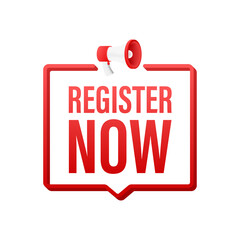 Megaphone label with register now. Megaphone banner. Web design. Vector stock illustration.