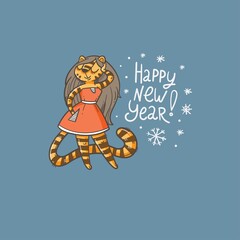 New Year card with tiger. Chinese calendar symbol. Vector holiday poster. Funny animal.