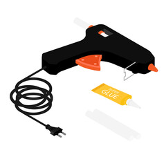 Electric hot glue gun isolated on white background isometric view. Vector